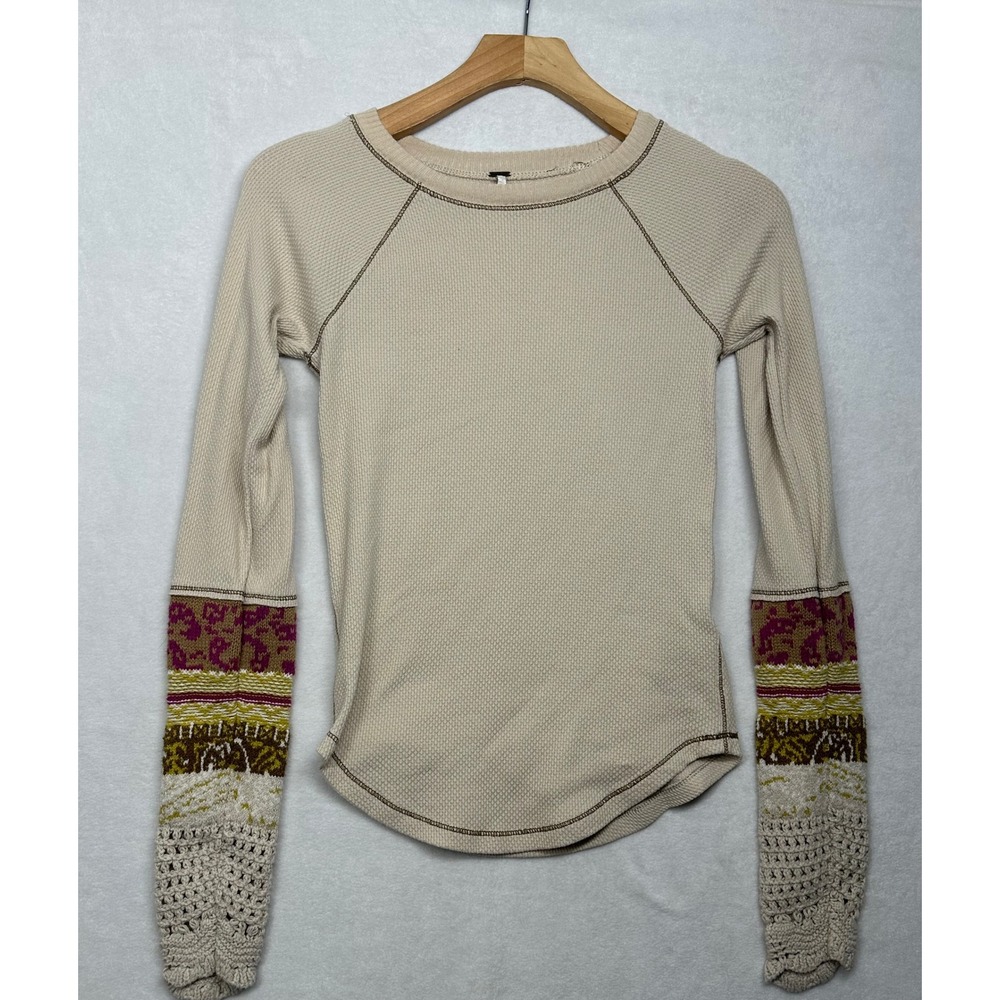 Free People Women Beige Waffle Knit Thermal Mixed Media Crochet Sleeve Top Small